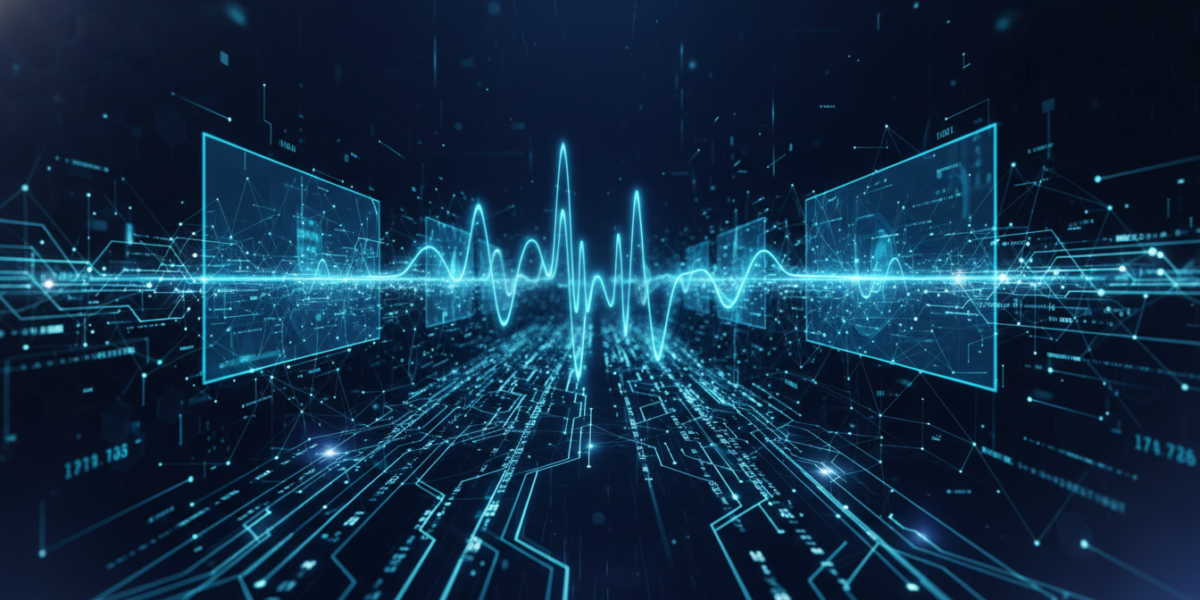 Abstract visualization of multimodal AI processing audio, video, and text data through neural networks