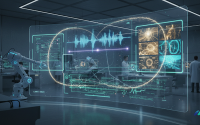 Modern AI research laboratory showing multimodal interface with audio, video, and text processing displays