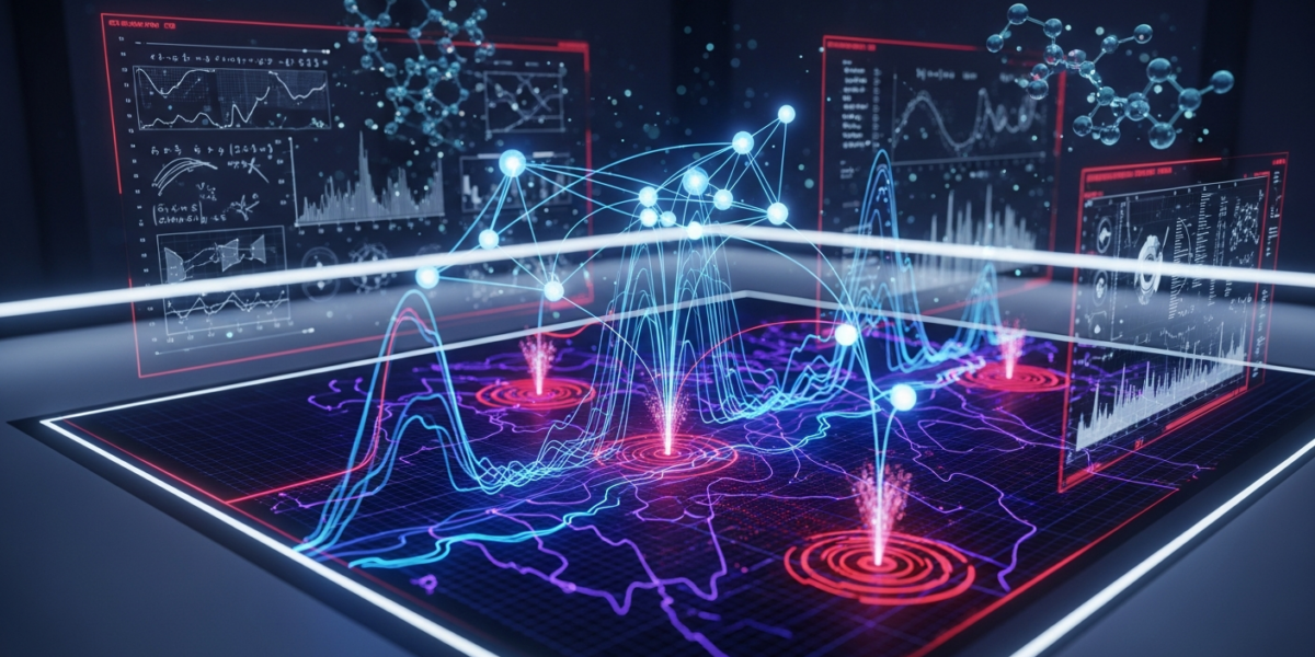 A stylized visualization of a neural network overlayed on a dynamic system graph, highlighting detected change-points in a futuristic research lab setting.