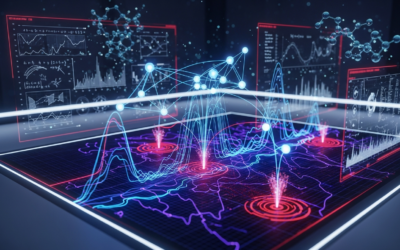 A stylized visualization of a neural network overlayed on a dynamic system graph, highlighting detected change-points in a futuristic research lab setting.