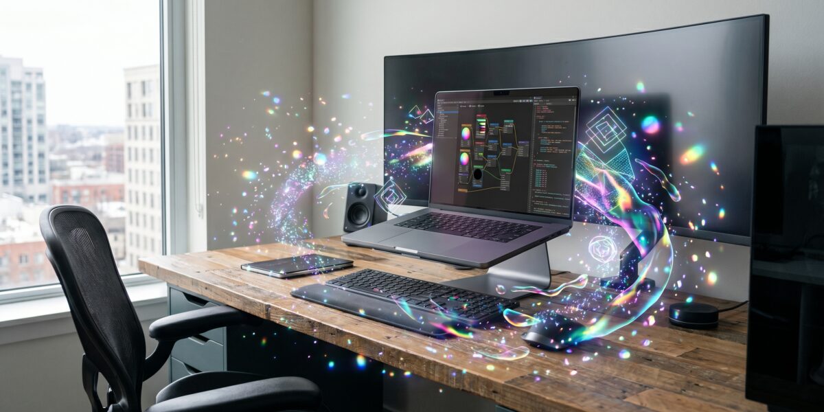 Shader Lab interface on laptop screen with colorful visual effects flowing into workspace