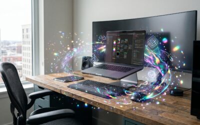 Shader Lab interface on laptop screen with colorful visual effects flowing into workspace