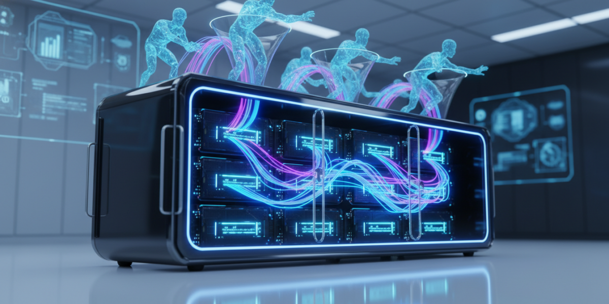 Conceptual illustration of shared GPU infrastructure with developers accessing a distributed LLM node network securely and efficiently.