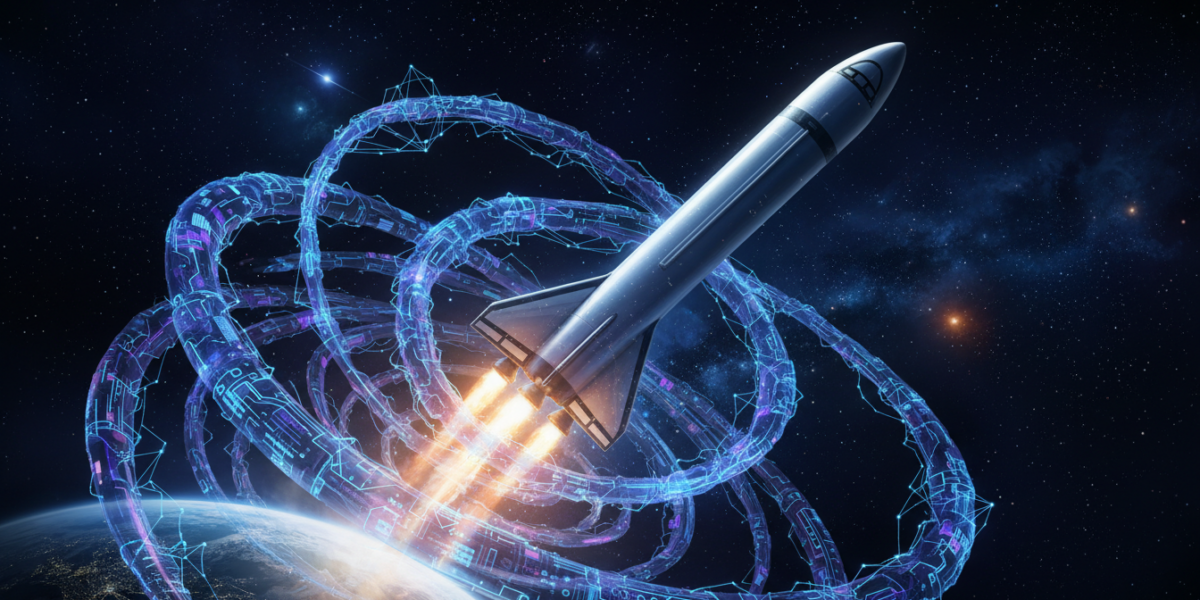 Illustration of a SpaceX rocket with integrated AI data streams, representing the SpaceX and xAI merger in space technology.