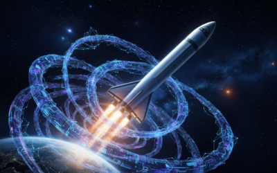 Illustration of a SpaceX rocket with integrated AI data streams, representing the SpaceX and xAI merger in space technology.