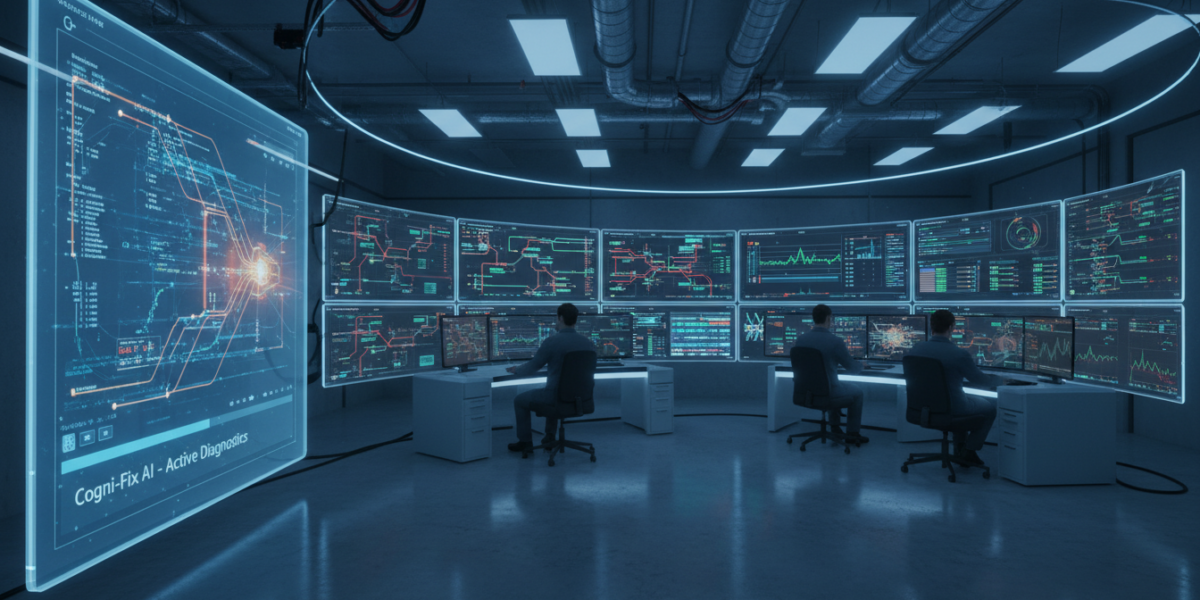 IT operations center showing automated troubleshooting systems and monitoring dashboards