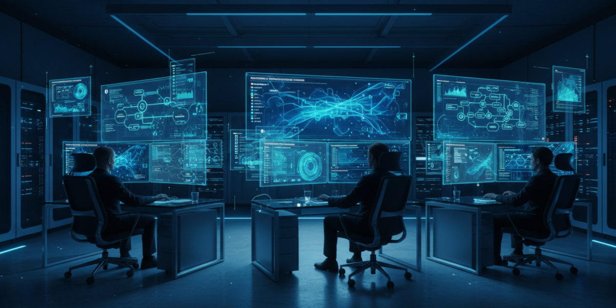 Modern IT operations center showing AI-powered troubleshooting automation interfaces with network diagrams and diagnostic workflows