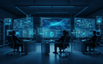 Modern IT operations center showing AI-powered troubleshooting automation interfaces with network diagrams and diagnostic workflows