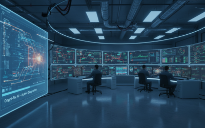 IT operations center showing automated troubleshooting systems and monitoring dashboards