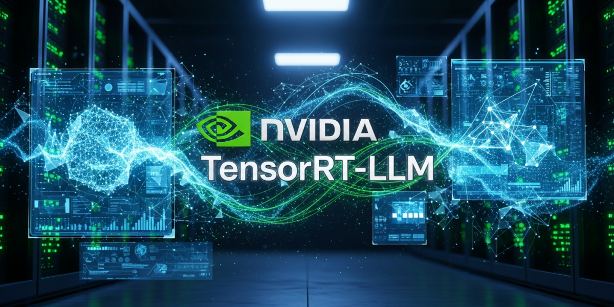 NVIDIA TensorRT-LLM logo in a futuristic data center with AI model visualizations.