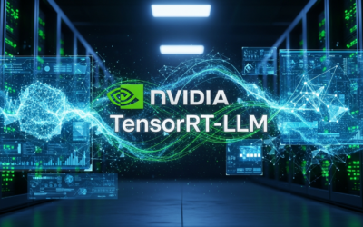 NVIDIA TensorRT-LLM logo in a futuristic data center with AI model visualizations.