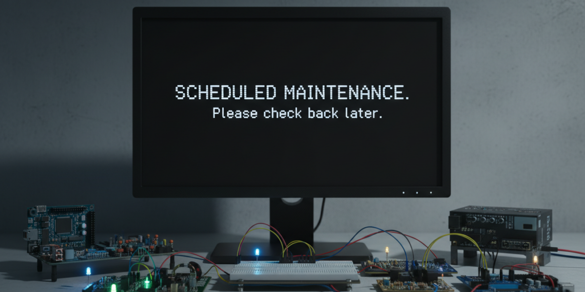 Computer screen showing scheduled maintenance message with DIY electronics components in foreground, symbolizing the Tindie outage impact.