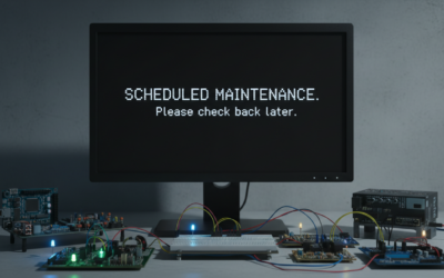 Computer screen showing scheduled maintenance message with DIY electronics components in foreground, symbolizing the Tindie outage impact.