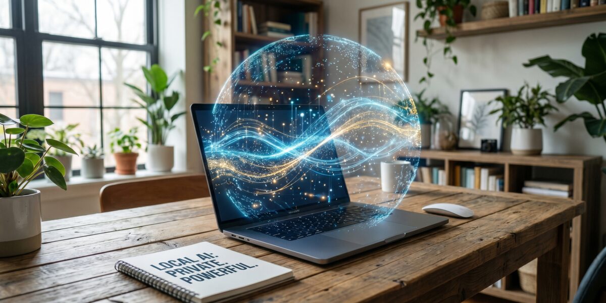 A laptop showing a conceptual visualization of local AI processing, representing privacy-focused language models running on personal hardware.