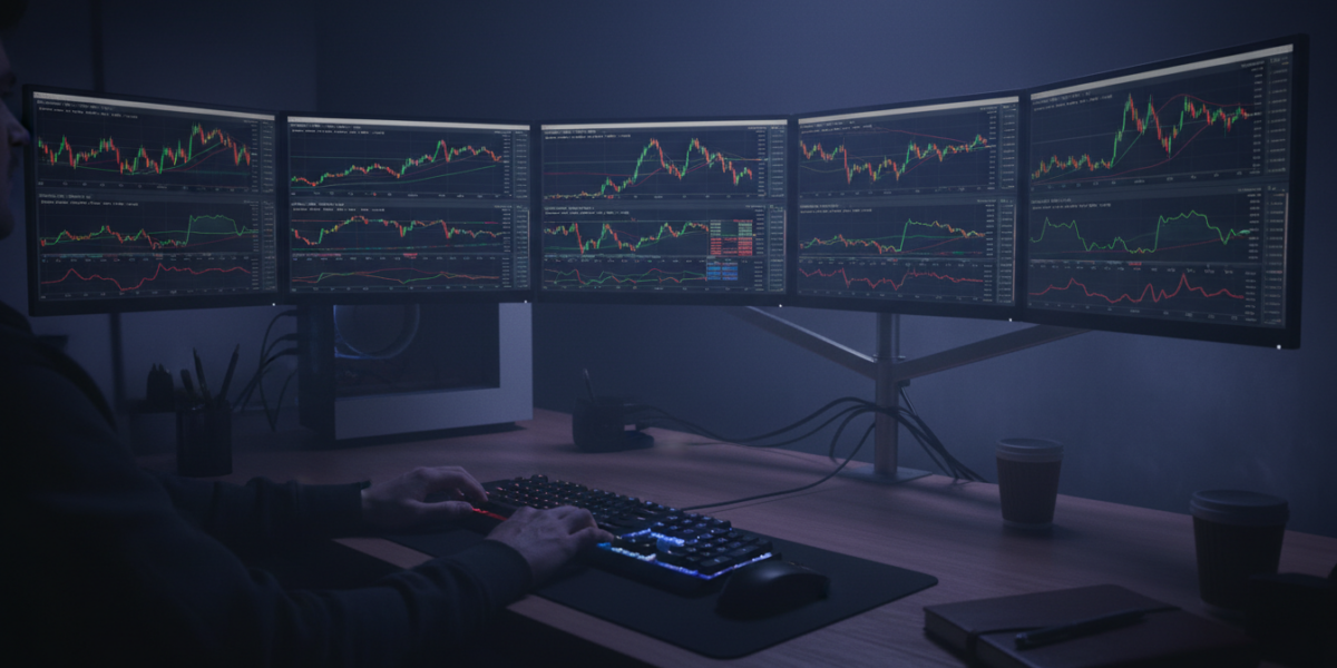 Trading desk with multiple monitors showing trading charts and analytics data