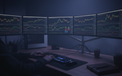 Trading desk with multiple monitors showing trading charts and analytics data