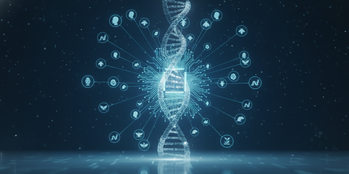 Editorial concept of a cross-species mRNA language model, with a DNA helix integrated into a neural network and species icons connected by light beams.
