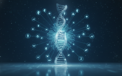Editorial concept of a cross-species mRNA language model, with a DNA helix integrated into a neural network and species icons connected by light beams.