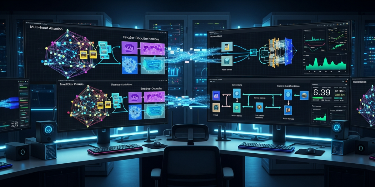 Modern AI research lab displaying transformer neural network visualizations and data augmentation processes on multiple screens