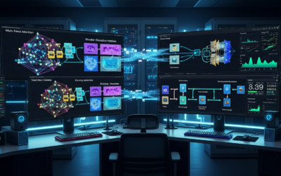 Modern AI research lab displaying transformer neural network visualizations and data augmentation processes on multiple screens