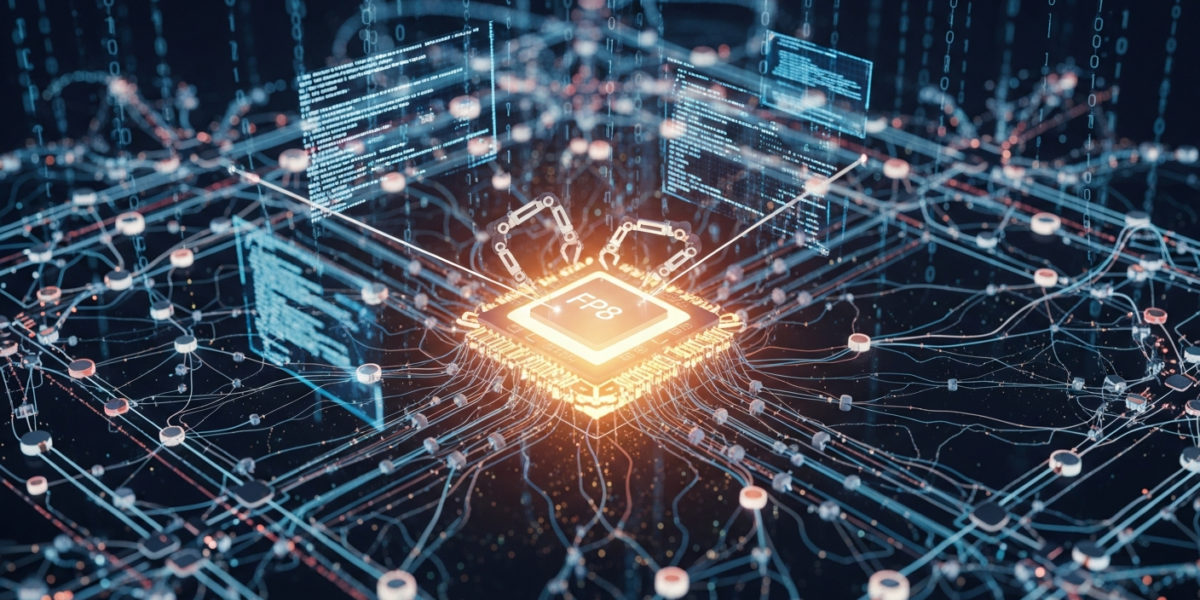 A stylized neural network representing Qwen 3.5 or 3.6 MoE models, showing an FP8 node being repaired within a digital data stream environment, with Hugging Face brand color accents.
