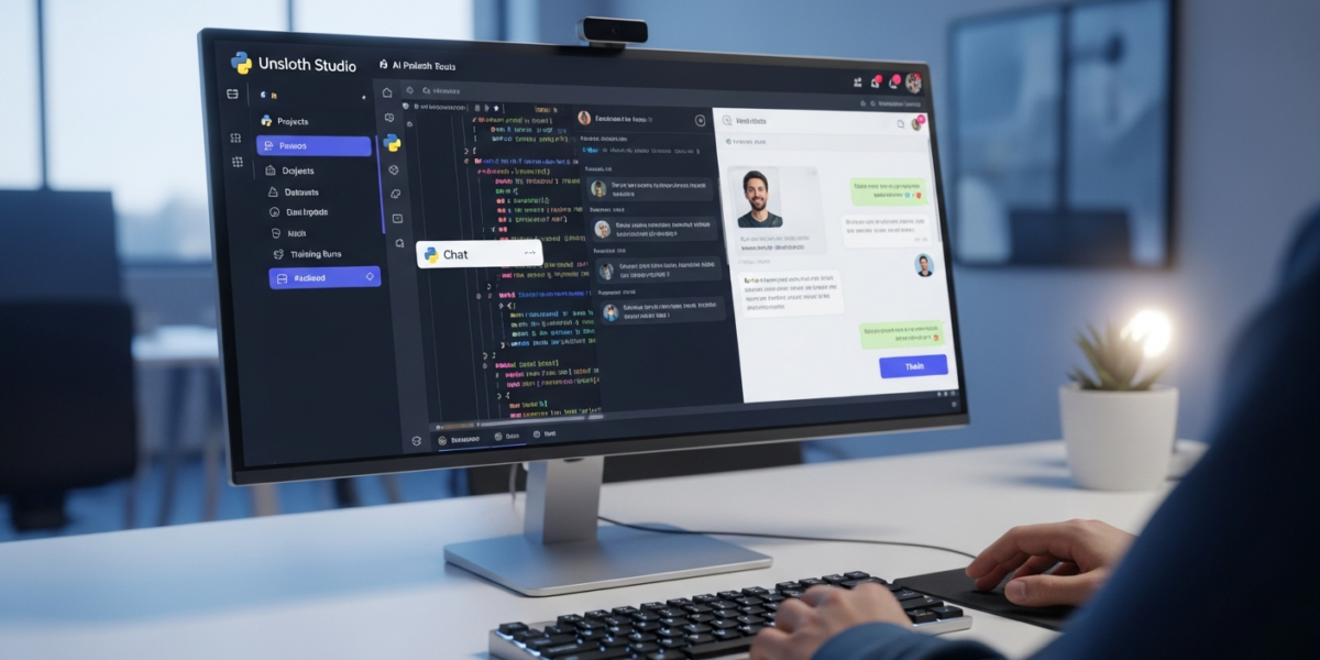 A modern Unsloth Studio AI development interface with a collapsible sidebar, chat, and training features, displayed on a screen in a bright workspace.