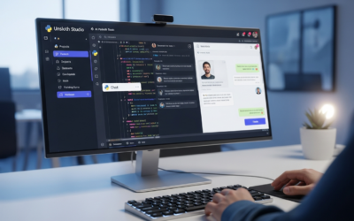 A modern Unsloth Studio AI development interface with a collapsible sidebar, chat, and training features, displayed on a screen in a bright workspace.