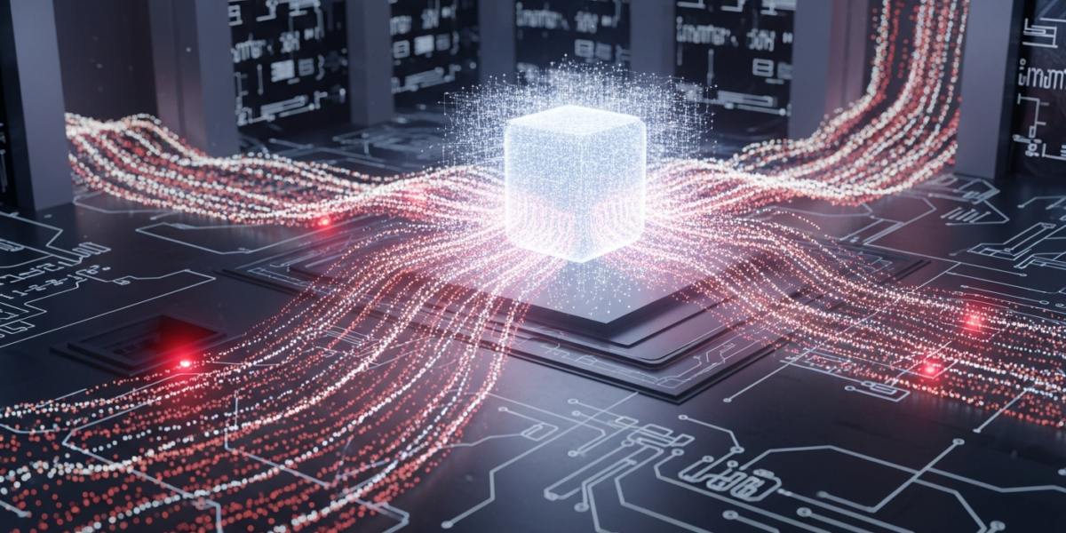 A stylized visualization of data flowing into a large language model, with data points glowing based on utility, set in a futuristic data center.