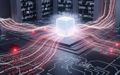 A stylized visualization of data flowing into a large language model, with data points glowing based on utility, set in a futuristic data center.