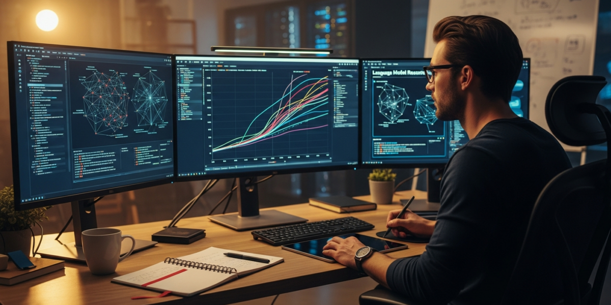 AI researcher analyzing language model reasoning performance on multiple computer monitors in a modern research laboratory