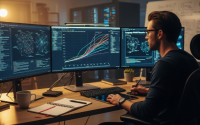 AI researcher analyzing language model reasoning performance on multiple computer monitors in a modern research laboratory