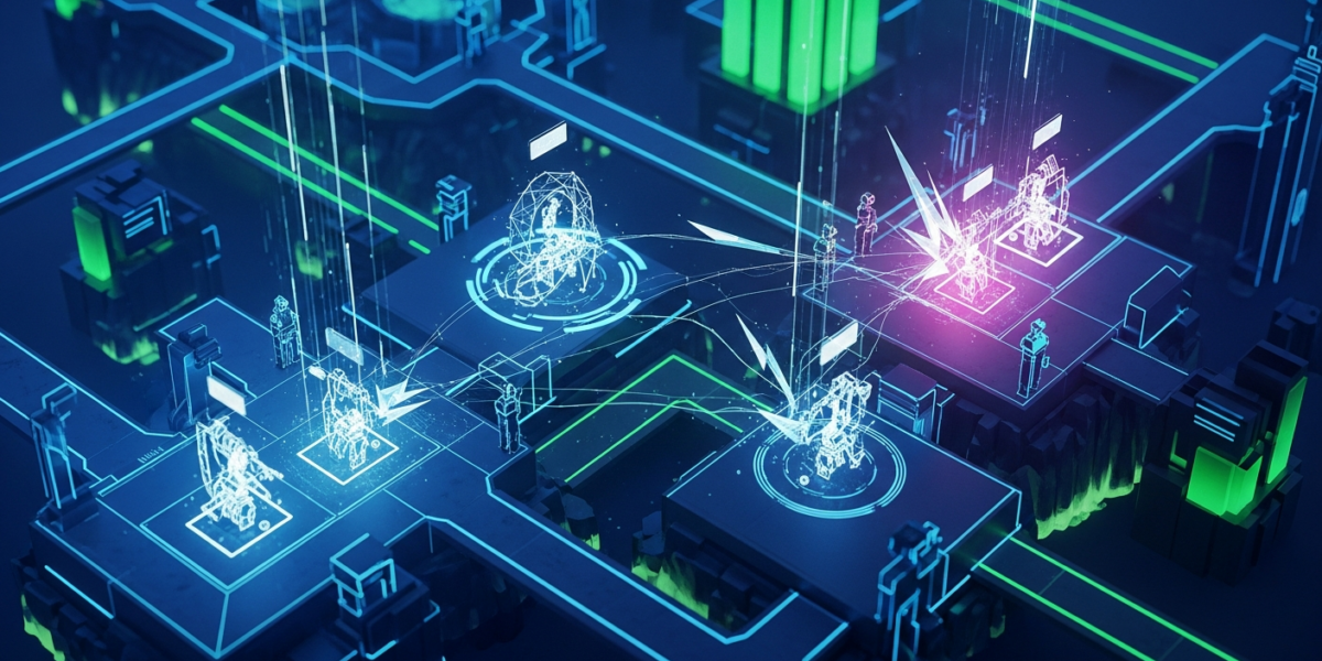 A vibrant, futuristic digital island landscape where abstract AI agents are depicted engaging in a complex, competitive game, symbolizing the Agent Island benchmark.