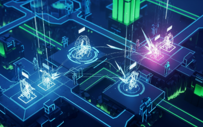 A vibrant, futuristic digital island landscape where abstract AI agents are depicted engaging in a complex, competitive game, symbolizing the Agent Island benchmark.