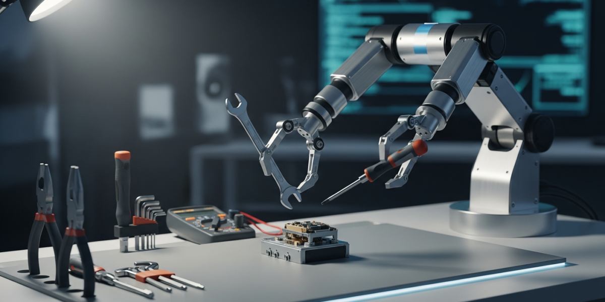 A small, sleek robot arm precisely manipulating hand tools on a workbench in a modern AI lab, symbolizing efficient agentic tool use.