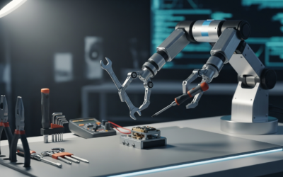 A small, sleek robot arm precisely manipulating hand tools on a workbench in a modern AI lab, symbolizing efficient agentic tool use.