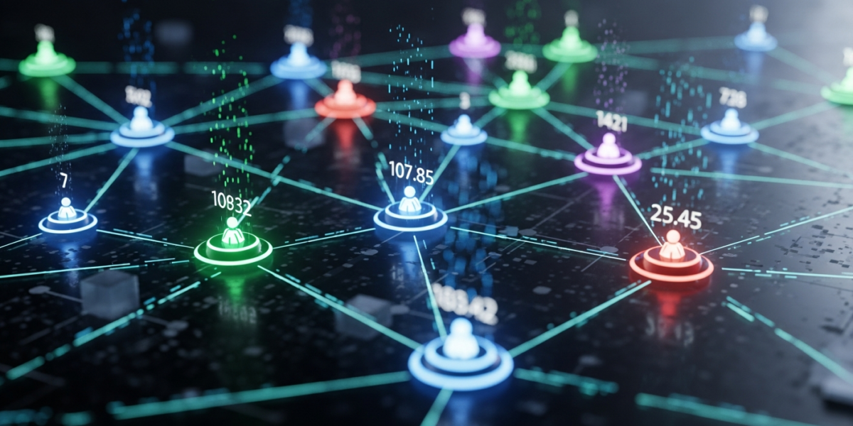 A futuristic depiction of a decentralized network of AI agents, with glowing nodes and reputation scores, set against an abstract digital background.
