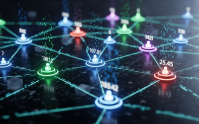 A futuristic depiction of a decentralized network of AI agents, with glowing nodes and reputation scores, set against an abstract digital background.