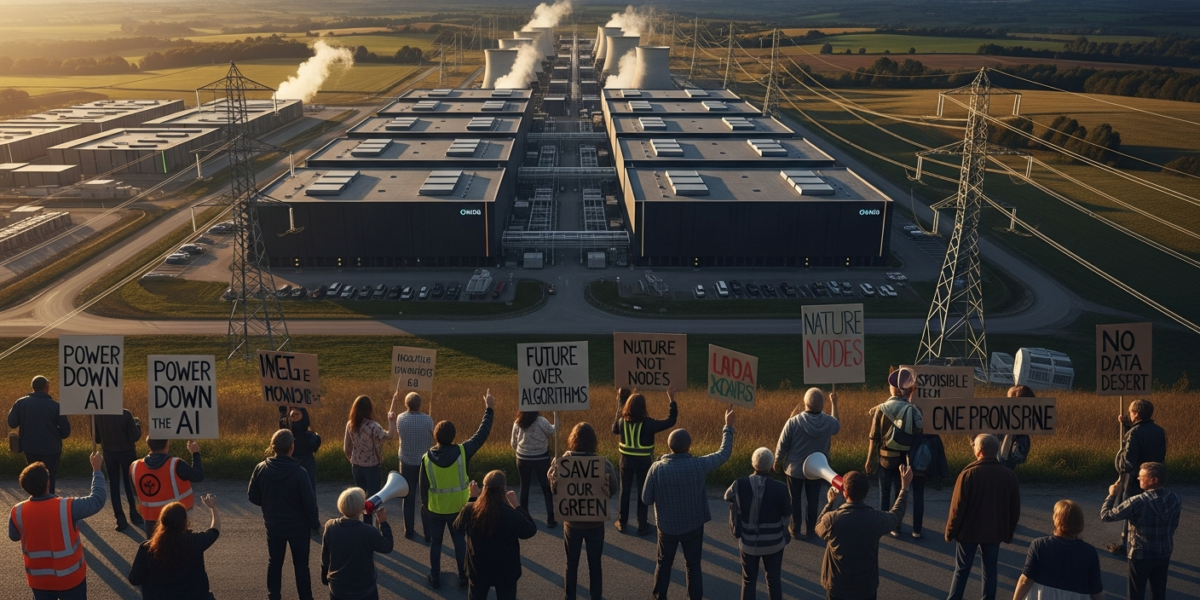Aerial view of a large AI data center complex in a rural setting, with power lines and a group of protestors in the foreground, illustrating community backlash against energy consumption and environmental impact.