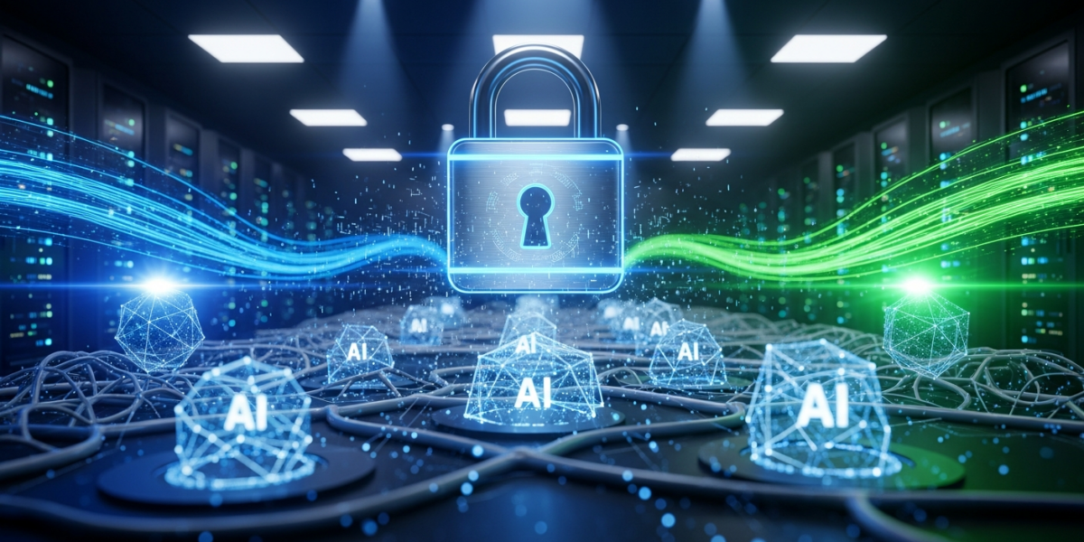 A digital padlock icon superimposed on a complex network of AI models and data streams in a server room, symbolizing AI and data sovereignty.