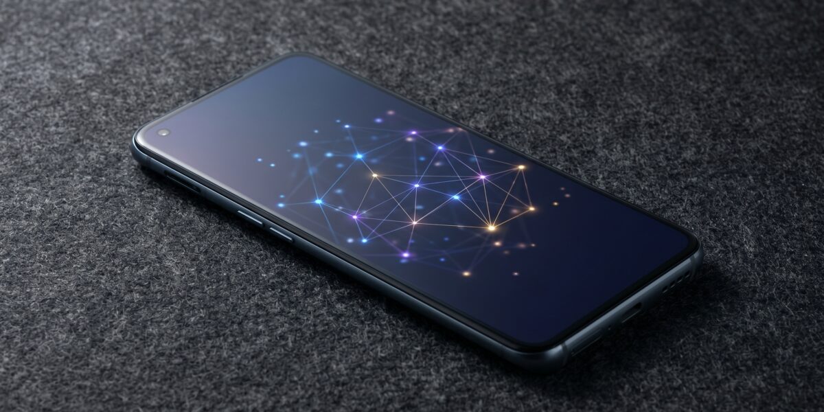 A modern Android smartphone on a dark surface, its screen illuminated with a glowing network representing integrated AI capabilities.