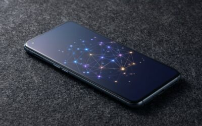 A modern Android smartphone on a dark surface, its screen illuminated with a glowing network representing integrated AI capabilities.