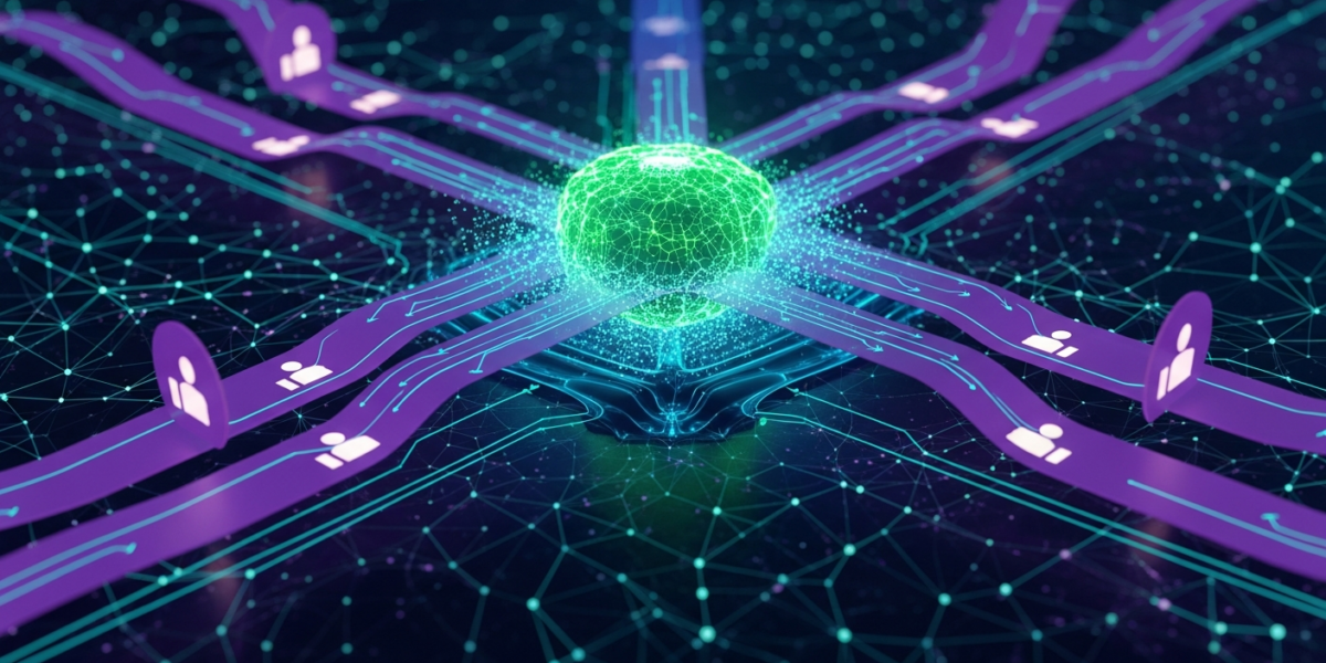 Abstract digital illustration of an AI feedback loop, with data flowing between a central neural network and human feedback icons, representing iterative RLHF.