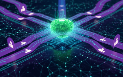 Abstract digital illustration of an AI feedback loop, with data flowing between a central neural network and human feedback icons, representing iterative RLHF.