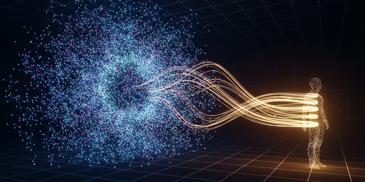 Abstract image showing a complex neural network representing an LLM interacting with a human feedback loop, symbolizing alignment and optimization in a digital setting.