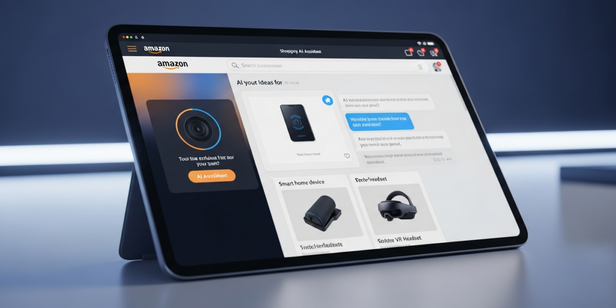An AI assistant chat window, branded with Amazon's colors, integrated into a shopping website's search bar on a tablet, displaying product recommendations.