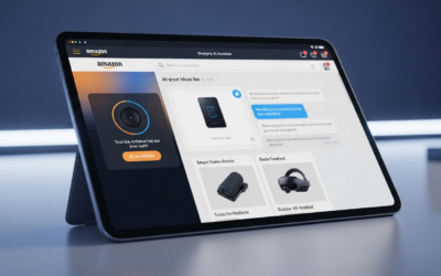 An AI assistant chat window, branded with Amazon's colors, integrated into a shopping website's search bar on a tablet, displaying product recommendations.