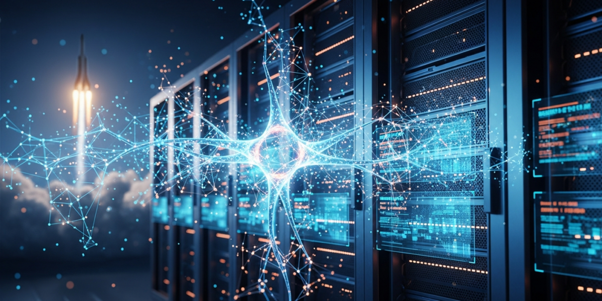 A glowing neural network overlaying a data center, with a rocket launch faintly visible in the background, symbolizing Anthropic's increased compute capacity from SpaceX.