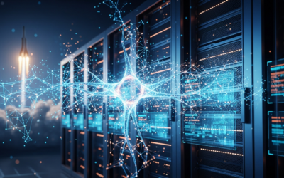 A glowing neural network overlaying a data center, with a rocket launch faintly visible in the background, symbolizing Anthropic's increased compute capacity from SpaceX.