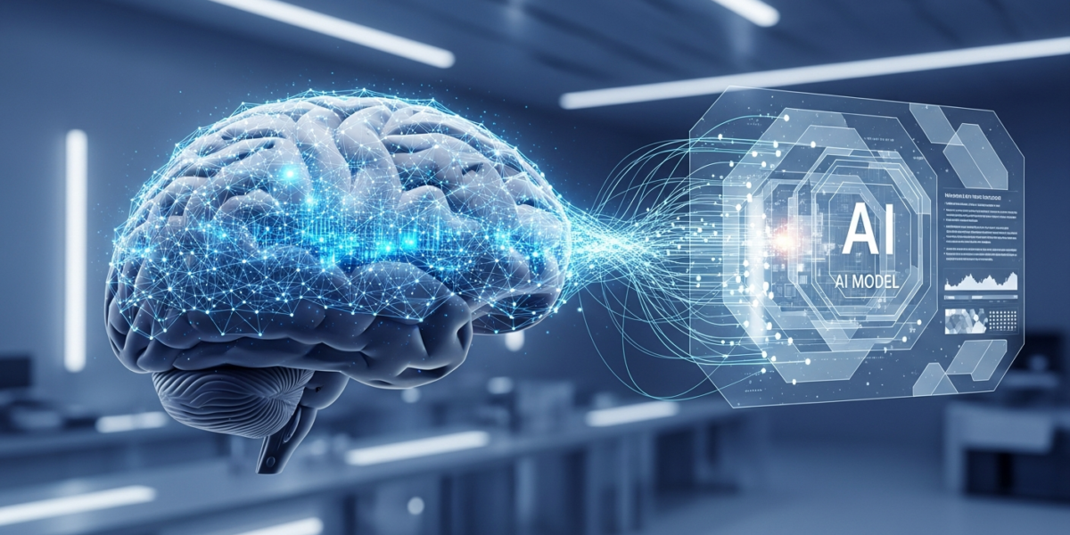 An abstract, photorealistic image showing a human brain connected to a glowing blue digital network, symbolizing the integration of human expertise into AI evaluation systems.