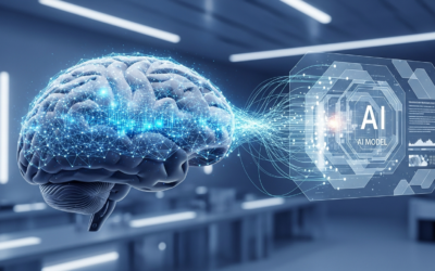 An abstract, photorealistic image showing a human brain connected to a glowing blue digital network, symbolizing the integration of human expertise into AI evaluation systems.